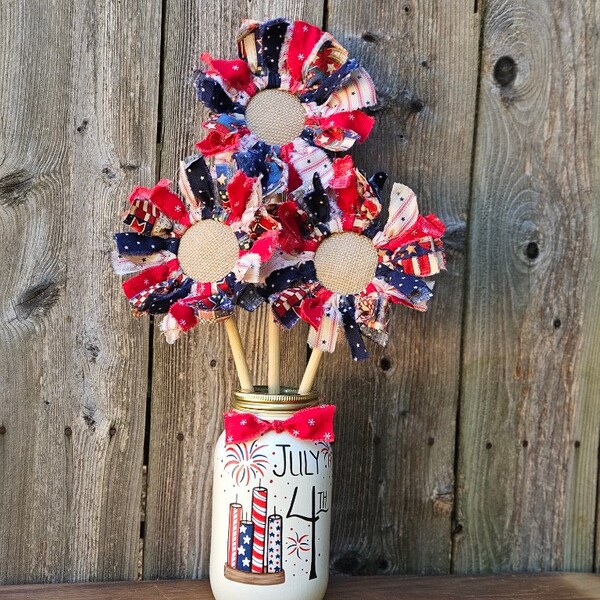 Fourth Of July Flower Arrangement, In Handpainted Quart size Mason Jar Vase, Includes Three Handmade Mason Jar Ring Flowers, Patriotic Decor