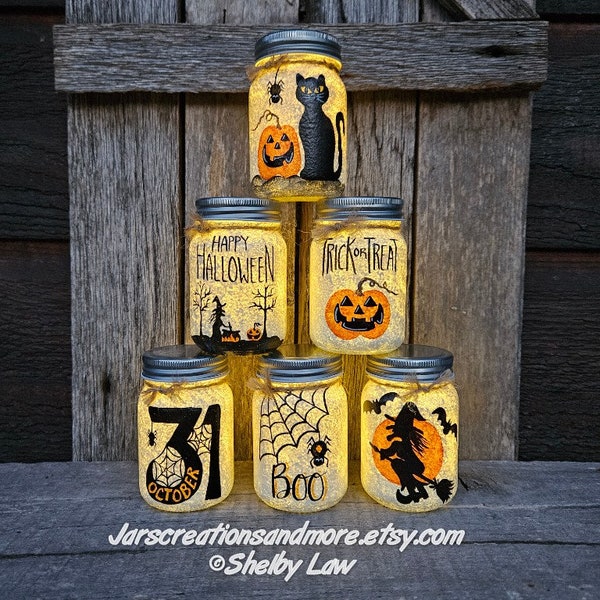 Lighted Jar Collection, Mini Halloween Mason Jars, 3 inches Tall, Handpainted with Battery operated Tea light Included. Sold Individually