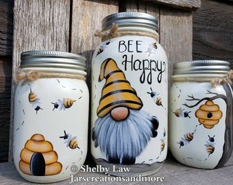 Bee Happy Gnome, Set of Three Hand-Painted Mason Jars, Bee Decor