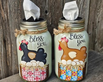 Handpainted Mason Jar Tissue Dispenser, Featuring Hen on a Nest and Amish Quilts