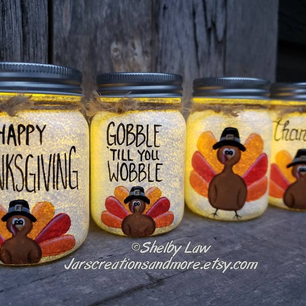Lighted jar Collection Thanksgiving Mini Mason Jars, Handpainted, 3 inches Tall, Tiered Tray Decor