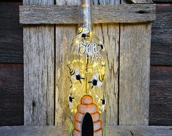 Bee Happy Handpainted Lighted Wine Bottle, Bee Decor