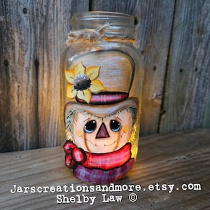 Scarecrow Handpainted Lighted Quart Jar