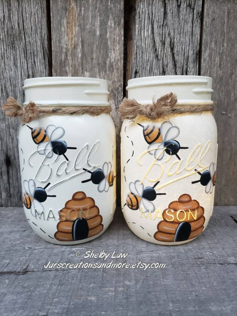 Honey Bee Mason Jar Pint Jar 5 Inches Tall Choice of Lighted Etsy