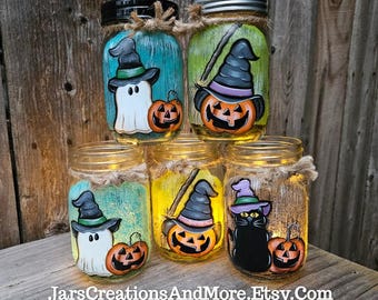 Handpainted Halloween Mason Jar Soap Dispenser: Ghost, Jackolantern, Black Cat, Pint 16oz size Handpainted Halloween Jars