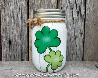 St. Patrick's Day Shamrock Handpainted Pint Mason Jar