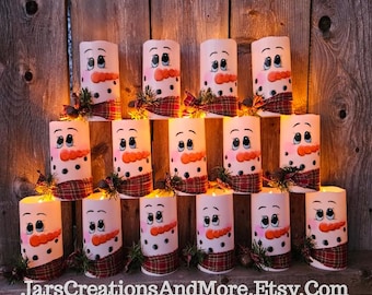 Snowman Pillar Battery Operated Flameless Candle, Handpainted, Sold Individually