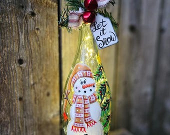 Handpainted Snowman Lighted Wine Bottle