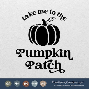 May include: Black and white graphic design with the text "take me to the Pumpkin Patch". The design features a stylized pumpkin with a stem and leaves.