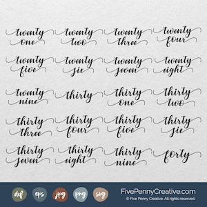 May include: A set of 16 black and white calligraphy designs for numbers twenty-one through forty. The numbers are written in a cursive script with a flourish at the end of each number.