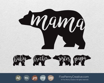 Bear Family SVG Bundle: Mama, Papa, Brother, Sister, Baby (Digital Download)