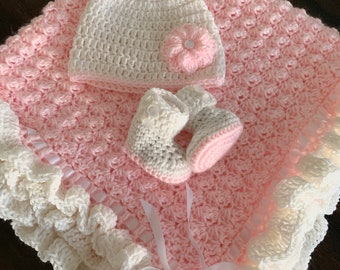 Pink Baby Blanket | Handmade Baby Girl Blanket | Pink and White Blanket | Baby Blanket with Ruffles | Crochet Pink Blanket | Girl Afghan