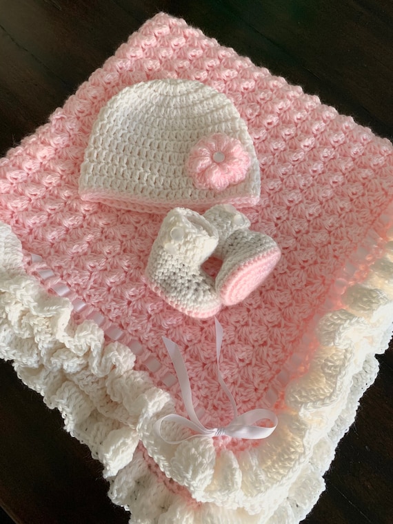Pink Baby Blanket Handmade Baby Girl Blanket Pink and White Blanket Baby Blanket With Ruffles Crochet Pink Blanket Girl Afghan Etsy