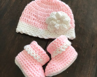 Handmade Baby Girl Hat and Booties | Crochet Baby Hat and Booties | Pink Hat and Booties | Handmade Gift for Baby Girl | Baby Shower Gift