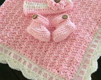 Couverture rose au crochet | Cadeau crocheté pour bébé fille | Couverture rose | Bébé afghan rose | Cadeau de shower de bébé fille | Couverture rose et blanche pour bébé