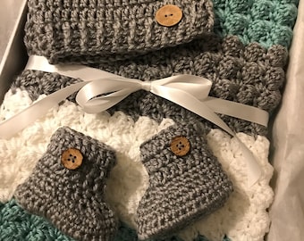 Crochet Baby Gift | Crochet Grey Blanket | Striped Baby Blanket | Teal Afghan | Neutral Baby Gift | Surprise Baby Gift | Parents to be Gift