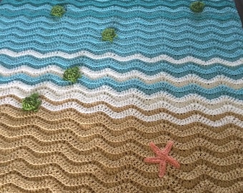 Crochet Beach Blanket | Sea Turtle Blanket | Crochet Sea Turtle Afghan | Gift idea for beach lovers | Beach themed room | ocean blanket