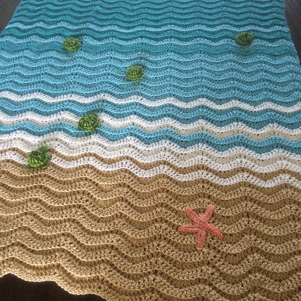 Crochet Sea Turtle Blanket | Beach Wave Afghan | Ocean Blanket Crochet | Baby Sea Turtles Blanket | Honeymoon Gift | Crochet Ripple Blanket