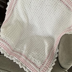 Handmade Baby Blanket | Crochet White Blanket | Knit White Blanket | Pink and White Baby Blanket | Crochet Pink Baby Blanket
