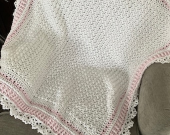 Handmade Baby Blanket | Crochet White Blanket | Knit White Blanket | Pink and White Baby Blanket | Crochet Pink Baby Blanket