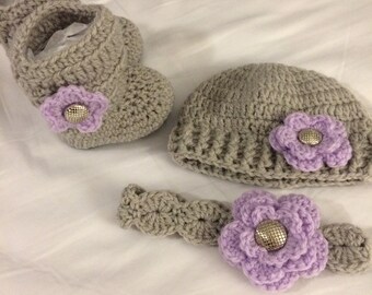 Baby Hat, Booties and Headband set, crochet slouch booties, handmade booties for baby girl, crochet grey booties