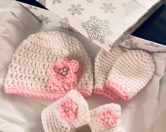 Baby Girl Gift Set | Crochet Hat and Booties for Girl | New Baby Gift | White and Pink Hat | Baby Girl Shower Gift | Welcome Baby Home Set