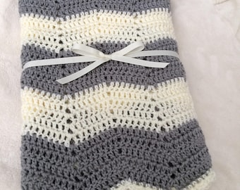 Crochet Gray Baby Blanket | Ripple Afghan for Baby | Chevron Baby Blanket | Grey and Cream Blanket | Grey Baby Nursery | Baby Shower Gift
