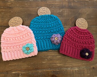 Ponytail Hat| Top Knot Hat | Girls Winter Hat | Crochet Hat | Messy Bun Beanie | Winter Accessories for Girls | Handknit Hat