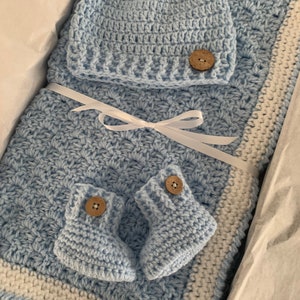 Handmade Baby Boy Gift Set |Crochet Blue Afghan | Baby Boy Blanket | Blue Nursery | Handmade Boy Hat and Booties | Baby Shower Gift
