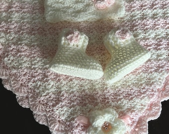 Pink and Cream Baby Blanket | Crochet Baby Girl Blanket | Pink Baby Afghan | Newborn Gift | Handmade Blanket for Girl | Keepsake Baby Gift