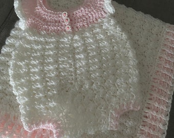 Handmade Baby Blanket | Crochet White Baby Blanket | Crochet Pink Baby Blanket | Pink Blanket | White Baby Afghan | Baby Romper | Baby Gift