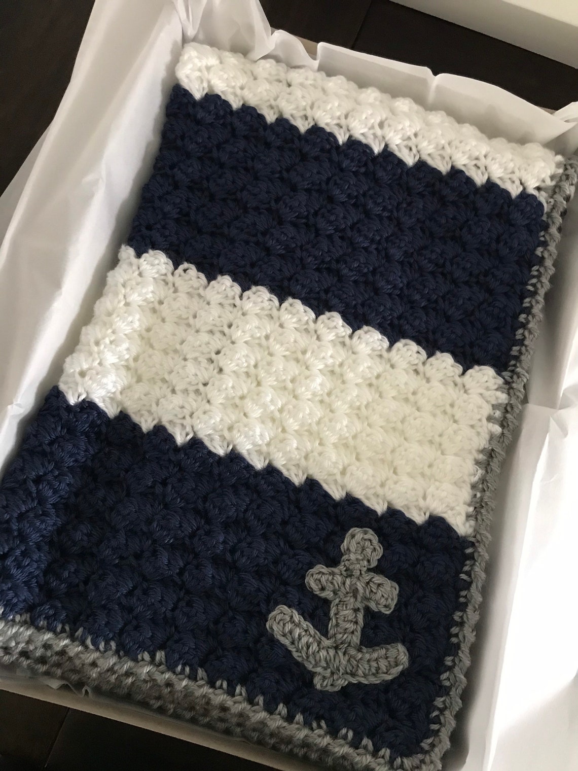 Nautical Baby Blanket Crochet Navy and White Blanket Etsy