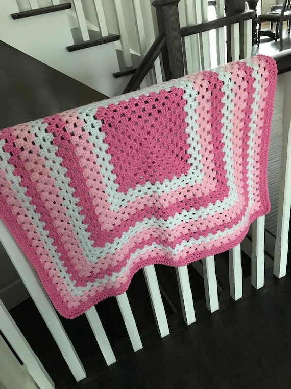 Pink Granny Square Blanket Bunny Lovey Modern Granny Square Baby Blanket Crochet Pink White Blanket Baby Girl Shower Gift