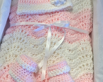 Handmade Pink and White Crochet Baby Blanket | Soft Ripple Baby Girl Gift | Newborn Blanket | Baby Shower Gift | Nursery Decor
