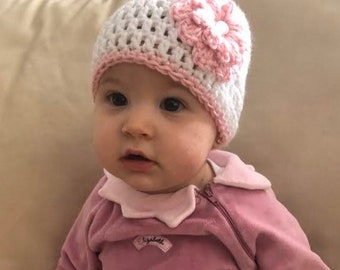 Crochet Baby Girl Hat | White and Pink Baby Hat | Spring Hat for Baby | Baby Girl Accessories | Hand knit Baby Hat | Spring Fashion for Baby