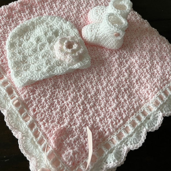 Baby Coming Home Outfit | Pink Baby Blanket Crochet | Handmade Baby Blanket | Pink and White Blanket | Baby Gift Set | Newborn Gift