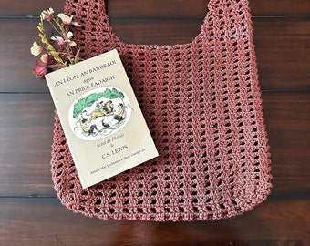 Handmade Crochet Market Bag in Dusty Rose | Grocery bag, open weave bag, reusable eco bag, knit tote bag