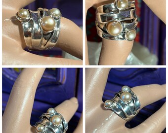 Abstract Wave Pearl And Sterling Silver Ring