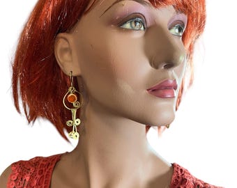 Brass Wire And Orange Ceramic Bead Earrings