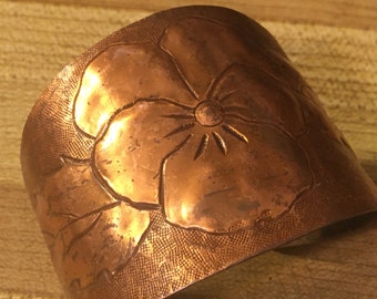 Retro Copper Pansy Cuff Bracelet