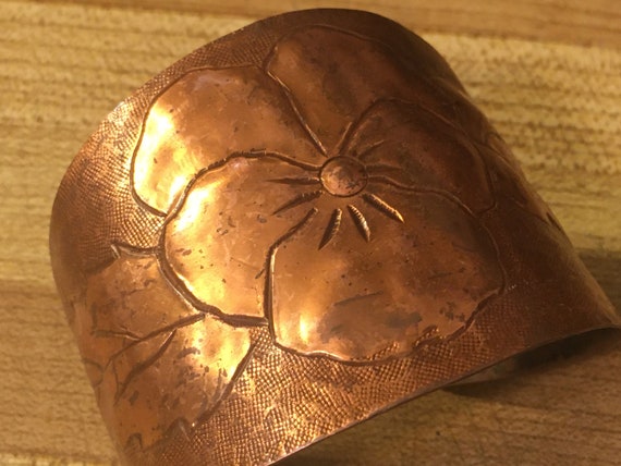 Retro Copper Pansy Cuff Bracelet - image 1