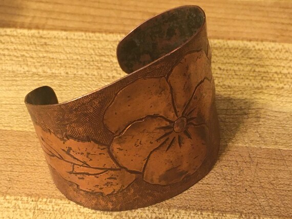 Retro Copper Pansy Cuff Bracelet - image 8