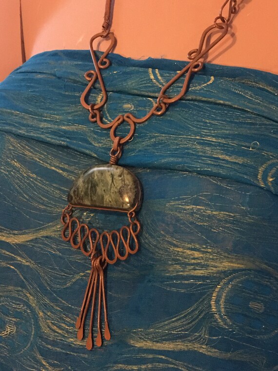 Retro 1970’s Bohemian Copper And Stone Necklace Gem