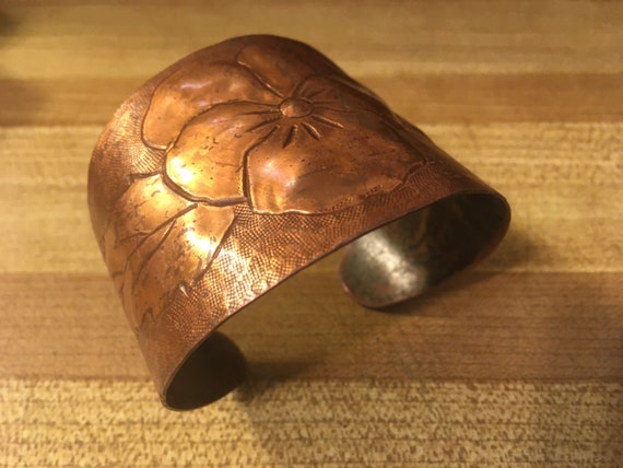 Retro Copper Pansy Cuff Bracelet - image 5