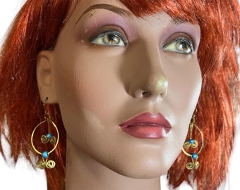 Brass And Blue Bead Swirl Earrings