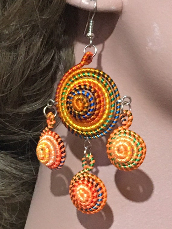 Orange Thread Wrap Swirl Earrings