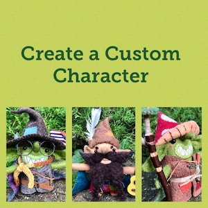 May include: Three felt gnome figures with different hats and accessories. The first gnome is wearing a brown pointed hat with glasses and a scarf. The second gnome is wearing a brown pointed hat with a feather and a beard. The third gnome is wearing a red mushroom hat with a green and brown outfit.
