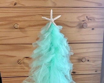 Teal tulle tree mesh blue holiday whimsical coastal decor