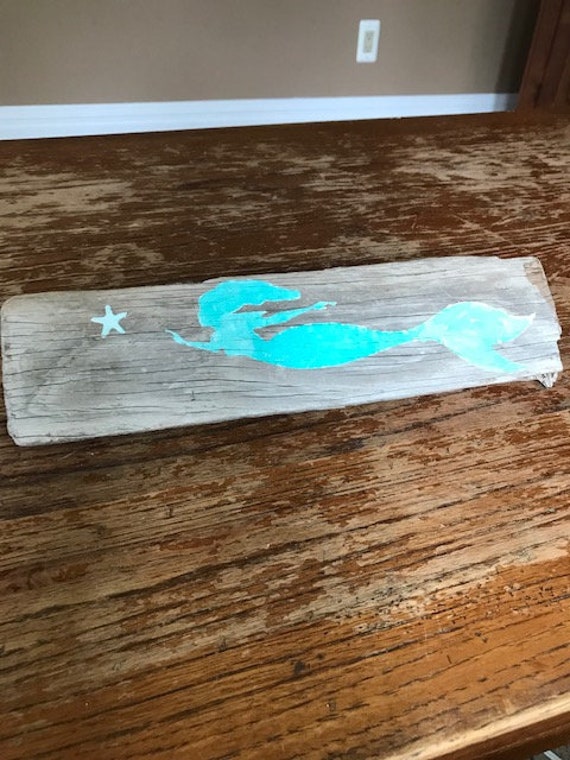 Driftwood Mermaid Painted Sign Beach Wood Hand Stencil Beach Cottage Shabby Signs Il_570xn
