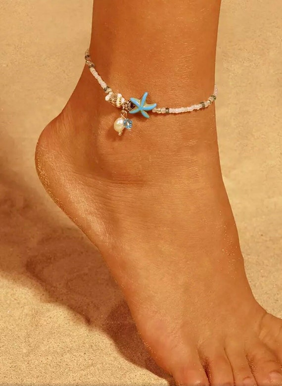 Starfish Beaded Turquoise Anklet Sea Life Coastal Theme anklet bracelet